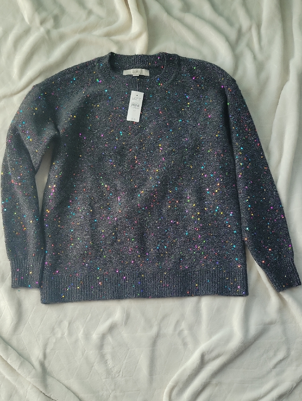 LOFT Charcoal Crewneck Sweater with Multicolor Sequin Speckles